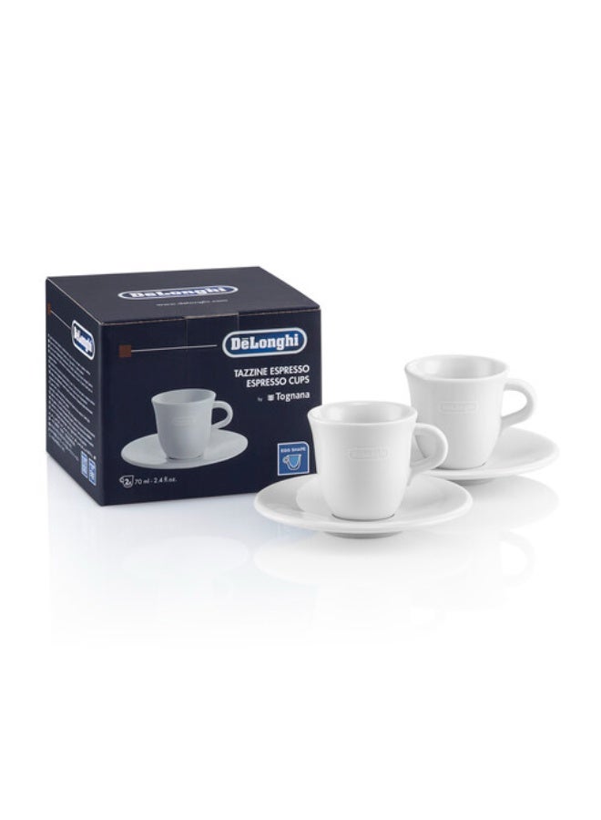 De'Longhi Ceramic Espresso Cups Set of 2 – Handmade White Porcelain with Saucers, Egg-Shaped Interior for Creamy Espresso, 70ml, Microwave & Dishwasher Safe" - Image 1